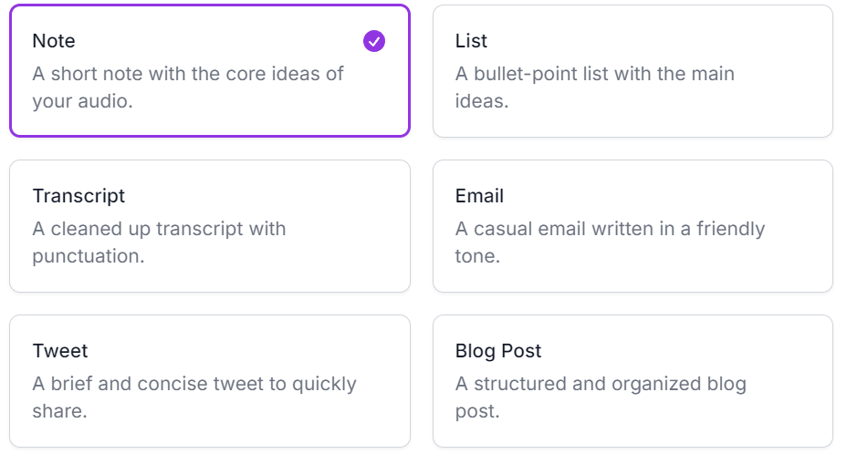 Select a format for your note